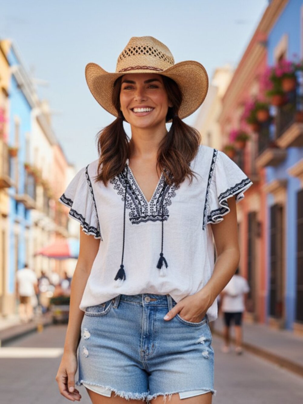 J.Crew White Navy Embroidered Peasant Blouse Ruffle Sleeve XL